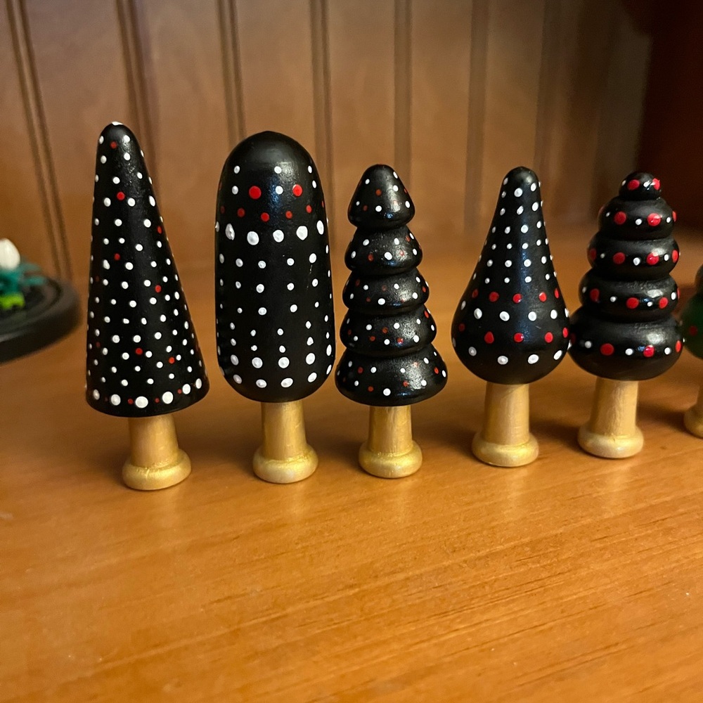 Handpainted Dot Painted Set of Five Black and Gold Trees